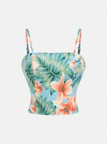 SHEIN 少女热带植物印花日常度假吊带背心和裤子夏季套装 - 淺藍色 - 查看 8