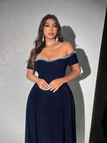Viva Relle Plus Size Elegant Off Shoulder High Slit Dress - Navy Blue - View 2