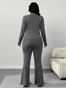SHEIN EZwear 大码休闲轻便瑜伽夹克和喇叭裤套装，两件套女式灰色两件套长袖两件套女式两件套 - 灰色 - 查看 3