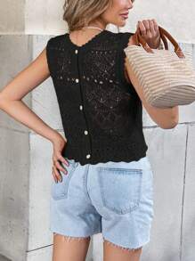 SHEIN Frenchy Women's Vacation Casual Solid Color Hollow Out Knitted Blouse Summer Black - Black - View 4