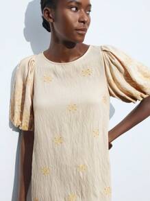 Maija Vestido corto casual de mujer con estampado floral color albaricoque, de manga de murciélago, diseño de moño en la espalda, cómodo y de moda para vacaciones, vacaciones, verano