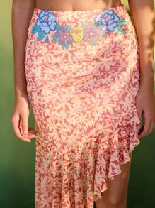 Frida Kahlo X SHEIN X Designer The Perfect Party Floral Print Asymmetrical Ruffles Mesh Skirt For Women Summer Vacation Holiday Beach
