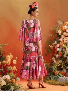 TIYA Frida Kahlo X SHEIN X Designer 花卉印花喇叭袖 A 字中长连衣裙女式夏季连衣裙度假装 - 彩色 - 查看 2