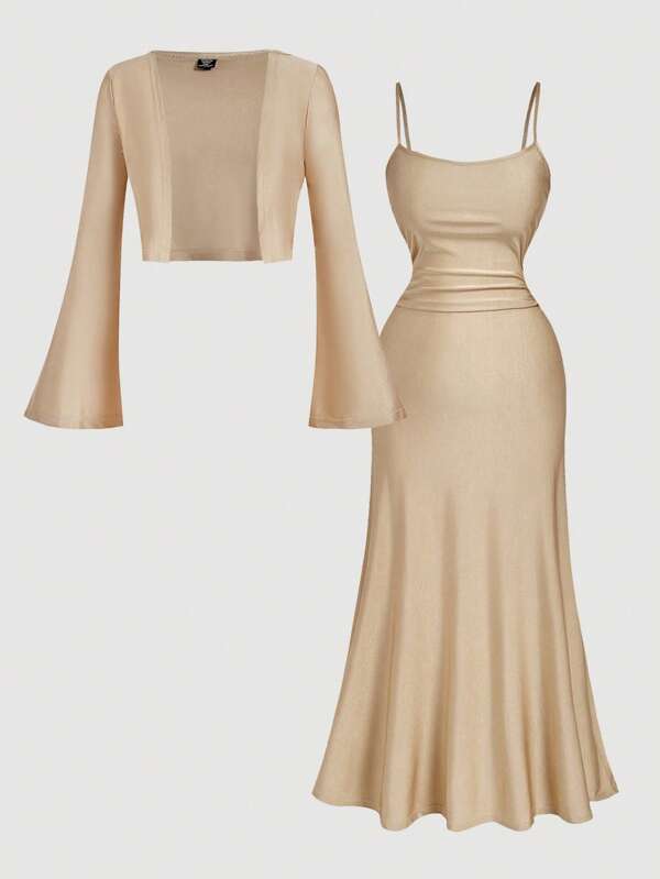 SHEIN MOD Plus Size Champagne-Colored 2Pcs Set Cardigan Midi Dress For Women,Two Piece Set Women,Old Money Style Women Beige Two Piece Set.Suitable For Back To School,Early Autumn 2Pcs Set
