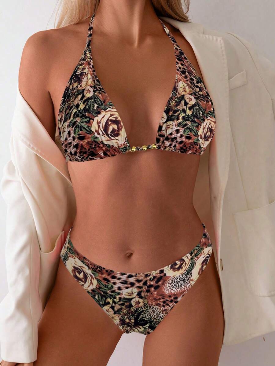 SHEIN Swim 2-Piece Zebra Striped V-Neck Bikini Swimsuit Set For Summer Beach Vacation - Multicolor - View 1