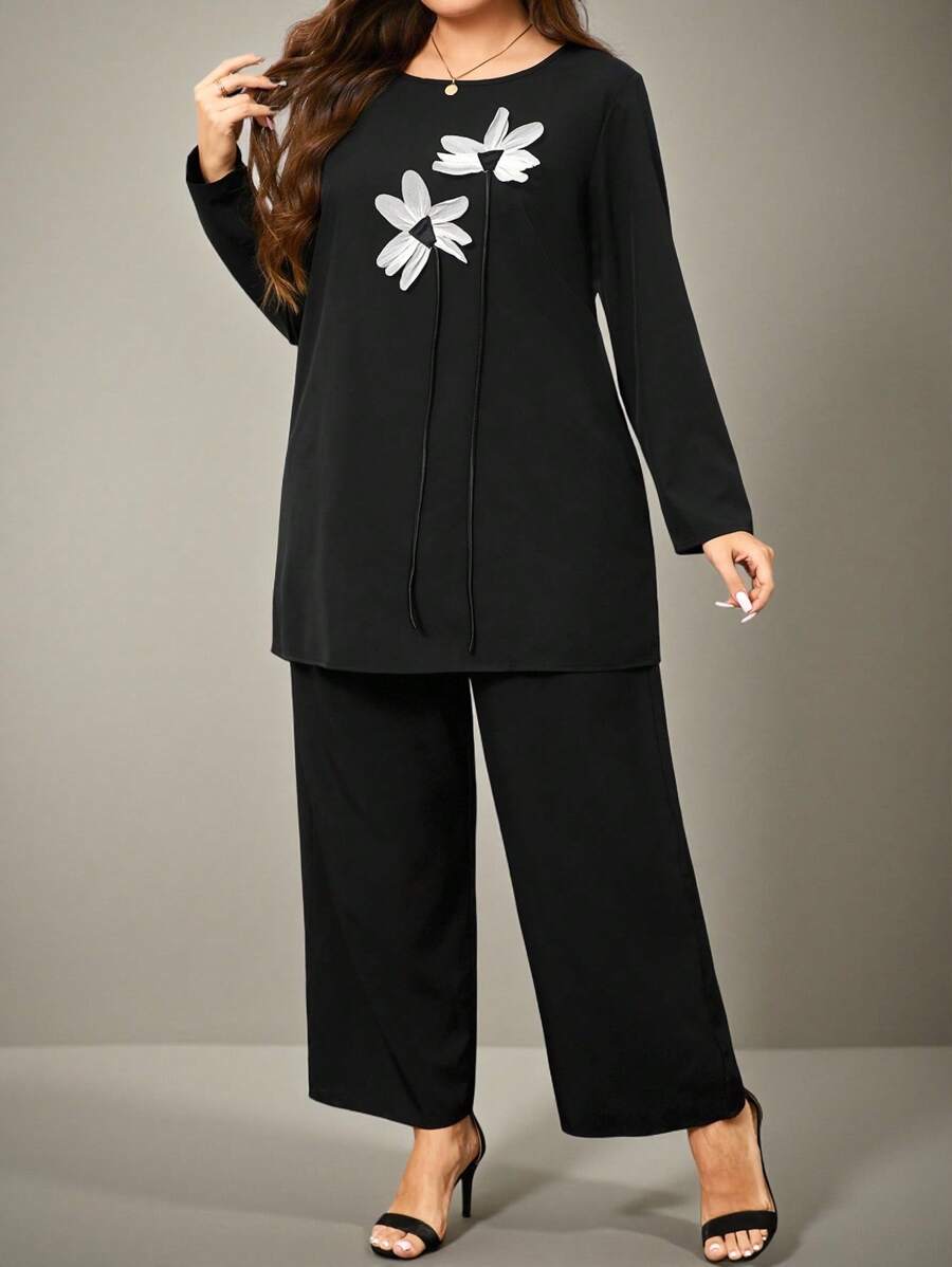 Flouryn Plus Size 3D Floral Decor Long Sleeve Minimalist Top And Pants Two-Piece Set, Casual
