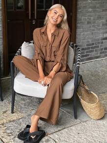 Livesso Combinaison ample d'été pour femme avec col, poches et taille cropped