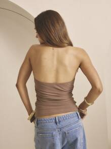 Aralina 褶饰挂脖弹力面料修身轻便休闲夏季女式上衣 - 棕色 - 查看 2