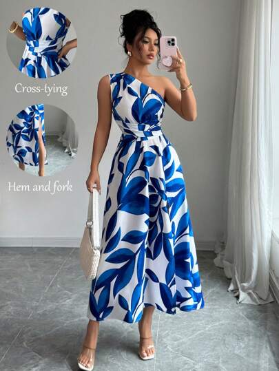 Elenzga Women's All-Over Print Asymmetric Neckline Slit Thigh-High Sleeveless Dress