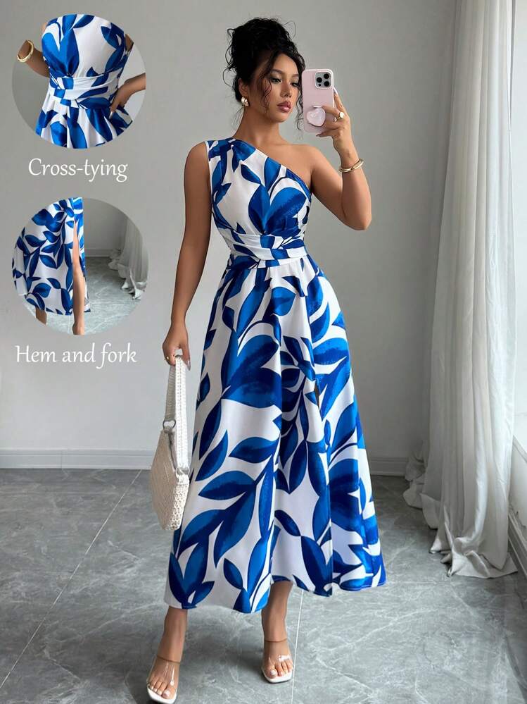 SHEIN Elenzya Vestido sin mangas con cuello asimétrico, abertura en el muslo y estampado de todo sobre - Multicolor - Añade 1