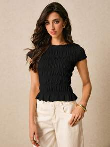 Poéselle Women's Casual Solid Color Slim Fit Short Sleeve Top, Summer - Black - View 7