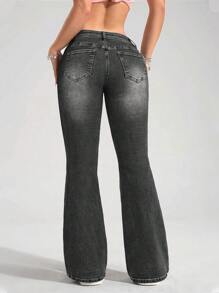 SHEIN PETITE Women's Slant Pocket Skinny Casual Versatile Flare Jeans - Grey - View 2
