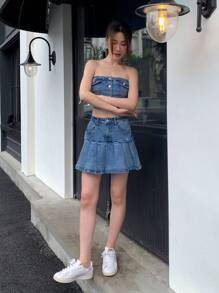 SHEIN ICON Women Casual Street Chic Flap Detail Single-Breasted Cropped Tube Top And Pleated Denim Skirt 2-Piece Set, Summer - Blue - View 1