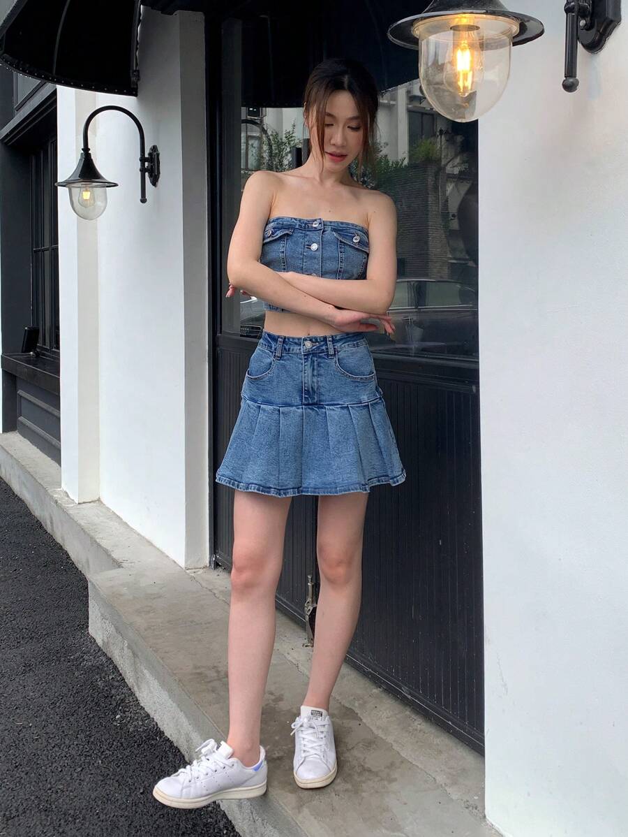 SHEIN ICON Women Casual Street Chic Flap Detail Single-Breasted Cropped Tube Top And Pleated Denim Skirt 2-Piece Set, Summer - Blue - View 1