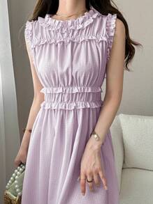 FRIFUL Đầm kẻ caro cổ tròn chữ A trang trí bo gấu cho nữ - Màu tím hoa cà - Xem 5