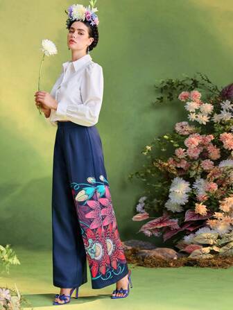 Frida Kahlo X SHEIN X Designer Israel Jasso 花卉印花阔腿裤女款夏季度假长裤