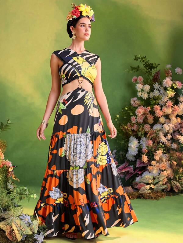 Frida Kahlo X SHEIN X Designer ISELACOS Full Printed Ruffle Hem Criss Cross Cutouts Maxi Dress Women Summer Outfits