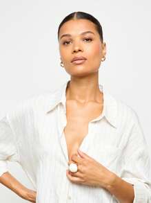 超大号亚麻纽扣衬衫办公室休闲长袖衬衫商务专业工作服简约经典纹理 - 白色 - 查看 6