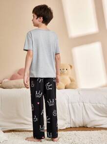SHEIN 皇冠印花短袖和长裤男童睡衣套装 - 灰色 - 查看 6