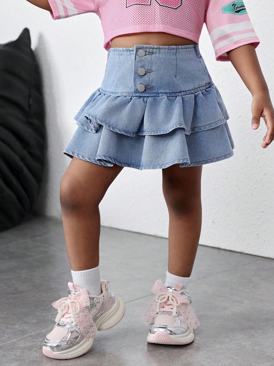 SHEIN Young Girl Denim Ruffle Hem A-Line Skirt, Spring And Summer Casual Vacation - Light Wash - View 1