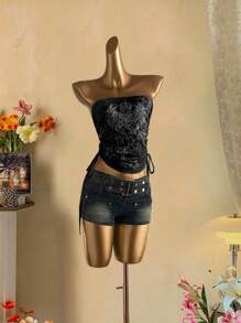 Attitoon Top tubo casual con cordón lateral y decoración de strass, estilo vintage