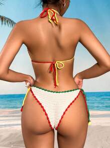 Swim Mod 2pcs/Set Women Embroidered Cute Strawberry, Lemon, Cherry Contrast Color Cover Up, Crochet, Casual, Suitable For Spring, Summer, Beach, Party