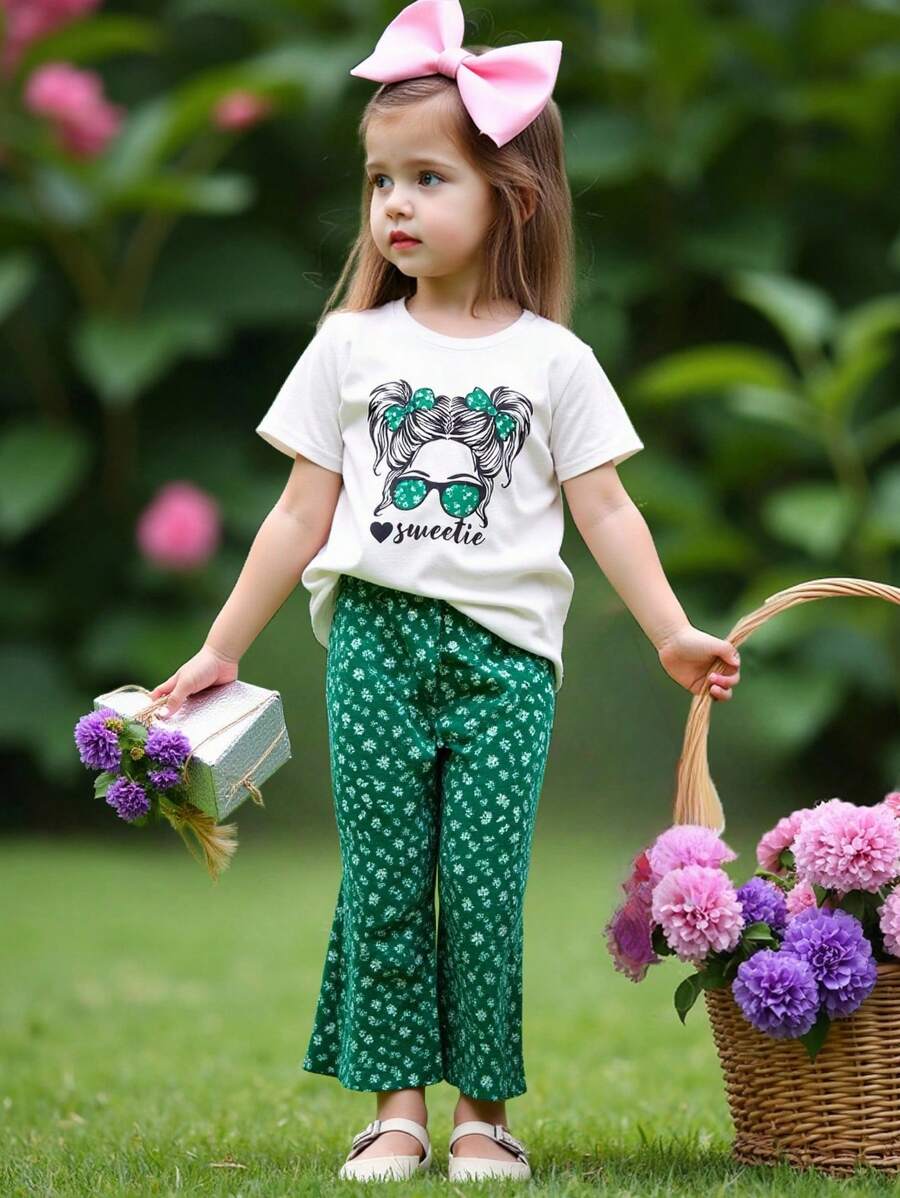 SHEIN Leap Crew 年輕女孩樣式印花t恤和小花圖案傘褲