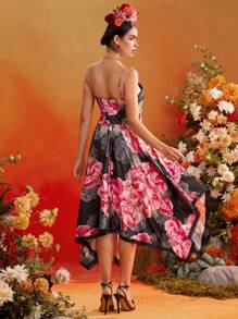 Frida Kahlo X SHEIN X Designer TIYA Floral Printed Satin Lace Inserts Asymmetric Hem Midi Dress Women Summer Dress Vacation Outfits