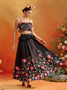 Frida Kahlo X SHEIN X Designer Oxana 黑色花卉印花荷叶边修身短款吊带背心，女款夏季假日