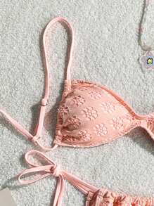 Swim Mod Solid Color Wire-Free Adjustable Strap Top And Side Bowknot Swim Shorts, Women Cute Bikini Set Set For Summer Beach Holiday