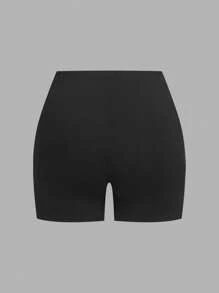 SHEIN EZwear 2pcs/Set Plus Size Solid Color Compression Leggings, Summer Stretchy Shorts Women - Black - View 3