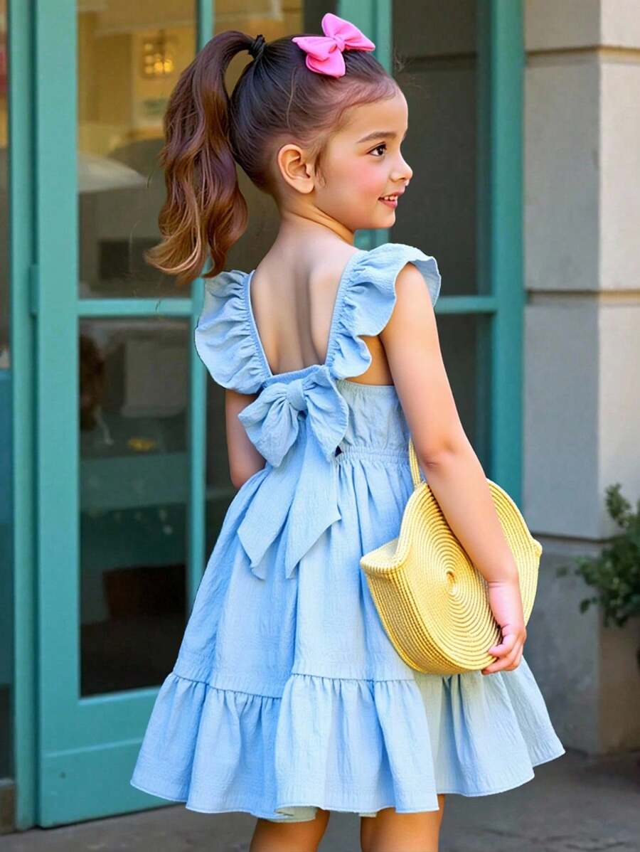 SHEIN Elladie kids Váy nơ xếp nếp viền nhiệt đới cho bé gái, váy dài mùa hè dệt - Màu xanh nhạt - Xem 1