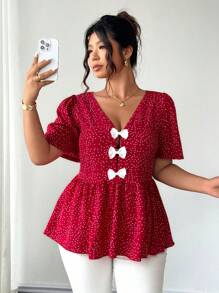 SHEIN Clasi 大码 V 领优雅衬衫，带蝴蝶结装饰，适合外出 - 彩色 - 查看 6
