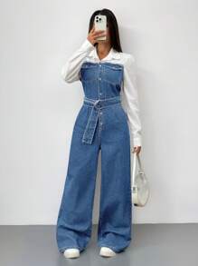 SHEIN ICON Women's Denim Jumpsuit With Adjustable Straps And Long Sleeves, Casual Fitted, Fall Women Clothes - Medium Wash - View 5