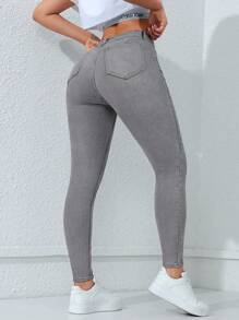 Flexra Quần Jeans Skinny Cài Nút Màu Trơn Thường Ngày Cho Nữ - Xám - Xem 2