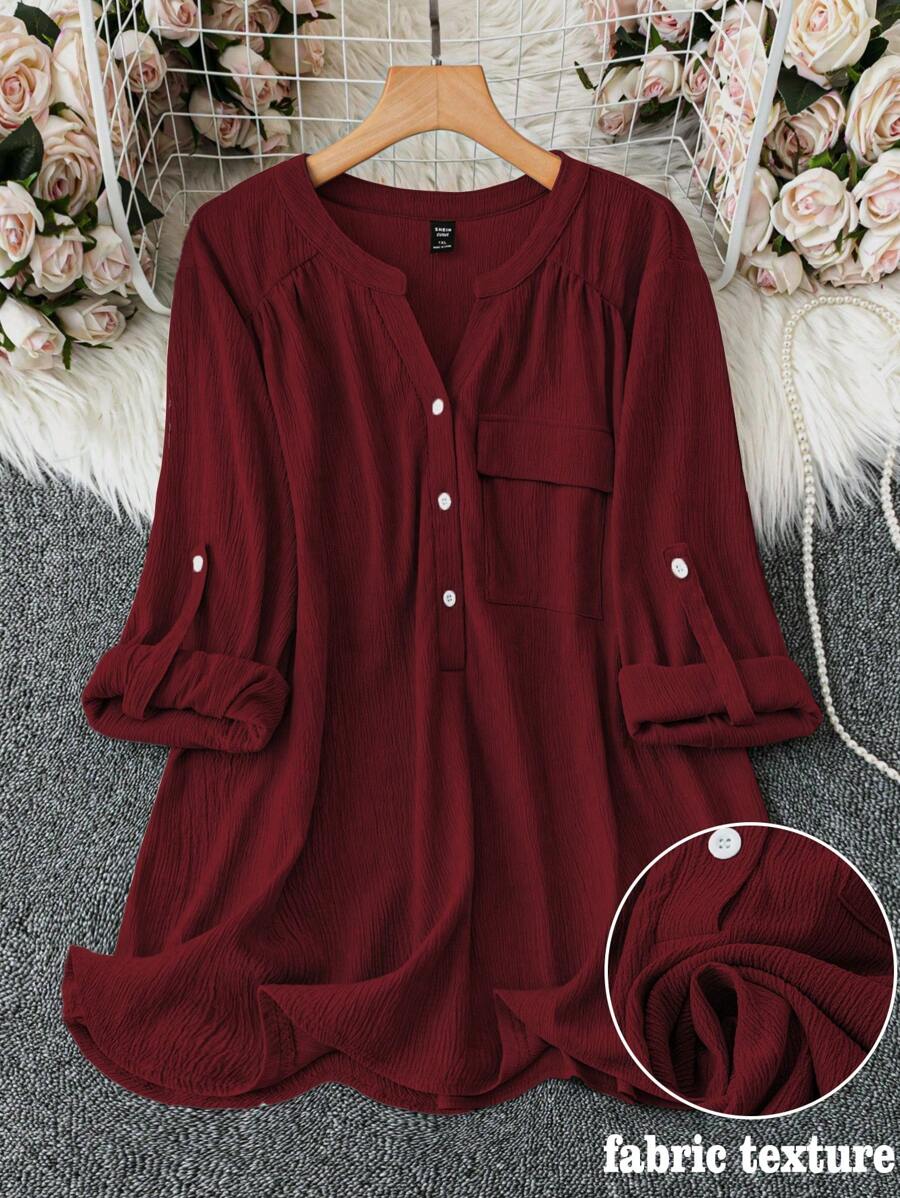 SHEIN LUNE Plus Size Casual Versatile Solid Color Shirt Fall Cloth For Women - Burgundy - View 1