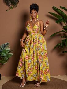 Maweii 2025 New Women Plus Size Yellow Summer Boho Vacation Holiday Elegant Spaghetti Strap Backless Lace-Up Colorblock Gradient Print A-Line Slip Dress - Multicolor - View 1