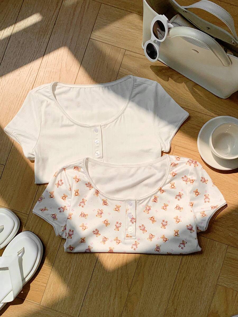 Comfortcana 2-Color Knit Form-Fitting Women T-Shirt, Stylish For Summer Wear - Multicolor - View 1
