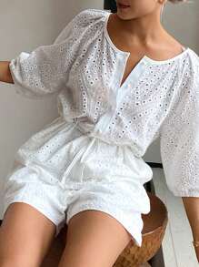 DAZY 波西米亚风格刺绣泡泡袖女士睡衣套装（含连体裤） - 白色 - 查看 3