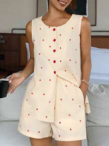 DAZY Set de pijama para mujer con top sin mangas de color contrastante con estampado de corazón + shorts - Beis - Ver 3