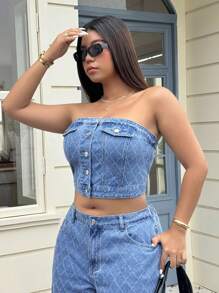 Jeanoix 时尚休闲百搭钩针面料牛仔上衣 - 中等水洗藍 - 查看 3