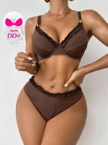 Swim DD+ Women's Summer Beach Vacation Ruffled Edge Underwire Push-Up Bikini Set - Brown - View 5