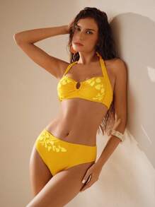 Anewsta 1 Conjunto de Elegante Bikini Amarillo de Cuello Halter para Mujeres Maduras de Moda - Dorado - Ver 7
