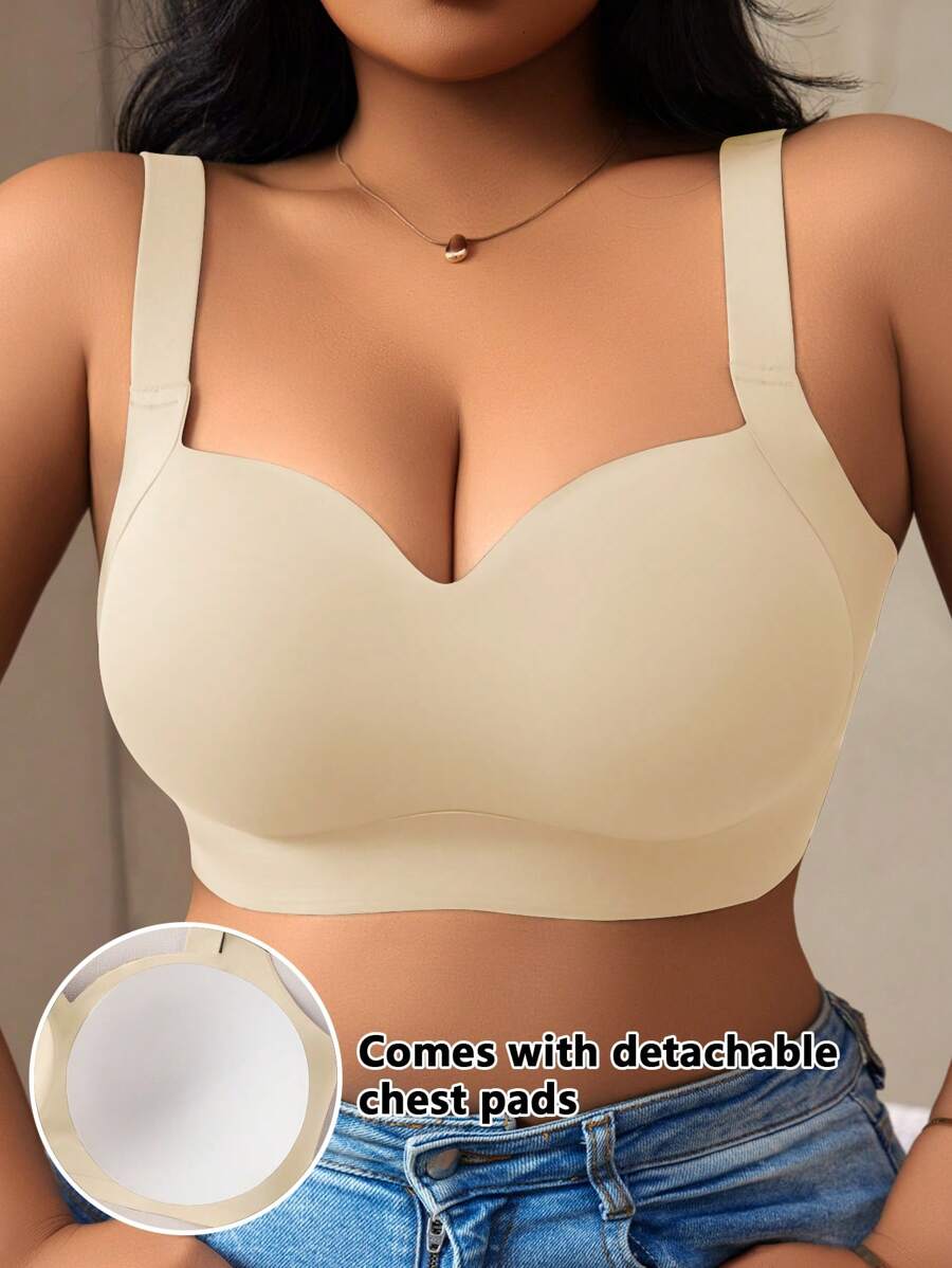 DesireSculpt 1pc Plus Size Women Seamless Padded Bra With Lift And Side Support, Adjustable Straps, Comfortable - Apricot - View 1