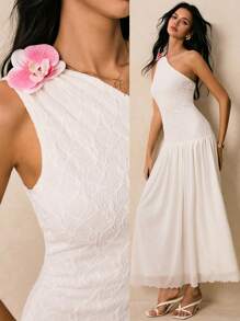 Poéselle Women Elegant Solid Color One Shoulder Contrast Lace White Sleeveless Dress - Apricot - View 8