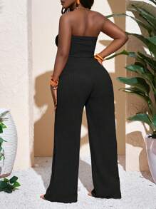 Slaydiva 新款春夏休闲度假性感优雅抹胸蝴蝶结直筒阔腿超长裤橙色针织女式连体裤 - 黑色 - 查看 2