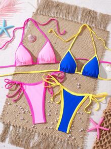 SHEIN Swim 4pcs Women's Sexy Two-Tone Halter Tie Up Bikini Set, Beach Pool Party Vacation Swimsuit, Spring/Summer - Multicolor - View 1