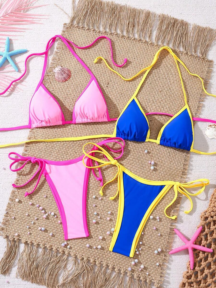 SHEIN Swim 4pcs Women's Sexy Two-Tone Halter Tie Up Bikini Set, Beach Pool Party Vacation Swimsuit, Spring/Summer - Multicolor - View 1