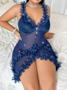 Napfluff CURVE Napfluff CURVE Plus Size Sexy Sleep Dress With Ruffled Lace, Pearl Flower Pendant And Mesh Fabric - Navy Blue - View 4