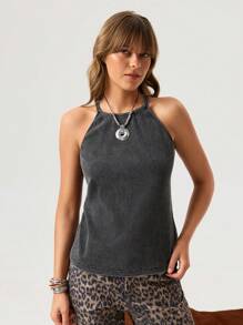 SHEIN LUNE Áo tank top kiểu miền Tây dành cho nữ, cổ chữ U, kiểu vintage rách rưới, không tay, có bèo nhún trang trí bên hông. - màu đen - Xem 4